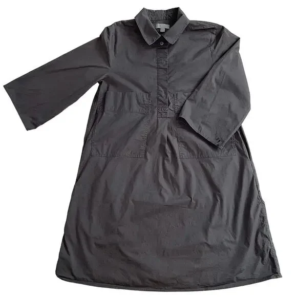 COS Gray Cotton A-Line Shirt Dress Deep Front Pockets 3/4 Sleeves Size 4